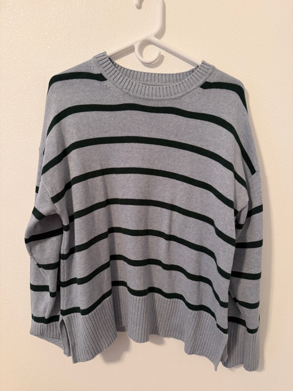 J. Crew Light Gray and Dark Green Striped Rollneck Sweater